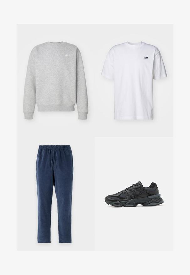 Pelēks crewneck džemperis, izgatavots no flīsa materiāla, ar ribotiem piedurknēm un apakšmalu, ar mazu balto logotipu uz krūtīm.; Balta īsām piedurknēm T-kreklā ar apaļu kakla izgriezumu, uz kura kreisā krūšu daļā ir neliela melna New Balance logo, pret vienkāršu fona.; Tumši zili bikses ar mīkstu tekstūru, elastīgu jostu un taisnu kāju dizainu. Bez kabatām. Audums izskatās nedaudz ķemmēts.; Melna skriešanas apavi ar jauktu acu audumu un sintētiskiem materiāliem, masīvu zoli, izliekta dizaina elementiem un izteiktu zīmola logotipu uz sāniem.