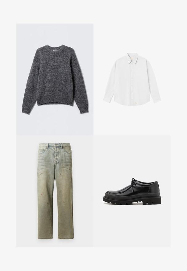 Pelēks adīts džemperis ar apaļu kakla izgriezumu, garām piedurknēm un ribotām aprocēm un apakšmalu. Mīksta tekstūra ar smalku heathered rakstu visā virsmā.; Balta krekla ar pogām ar klasisko apkakli, garām piedurknēm un noapaļotu apakšmalu; lejas kreisajā stūrī ir neliels oranžs logs.; Izsistās džinsās gaisā zaļā krāsā, ar taisnu kāju, piecu kabatu dizainu un nevienmērīgu izbalēšanu, kā arī krāsas šļakatas.; Melnas ādas derbija kurpes ar izsmalcinātu dizainu, noapaļotu purngalu un teksturētu gumijas zoli ar dziļām rievām, kas nodrošina saķeri.