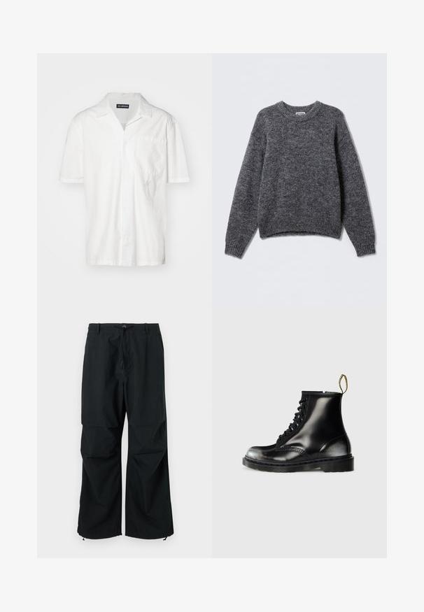 Grå strikket genser med rund hals, lange ermer og ribbede mansjetter og nederkant. Myk tekstur med et subtilt heatheret mønster gjennomgående.; Kortermet hvit skjorte i bomullsblanding, med spiss krage, frontlomme og subtil brodert detalj på venstre side.; Sorte, vide benbukser med snor i livet og elastiske kanter. Laget av lett, strukturert stoff. Enkelt design.; Sorte skinn ankelstøvler med en blank overflate, åtte hull, svarte snøring og en trekkflik. Har en strukturert såle med mønster.
