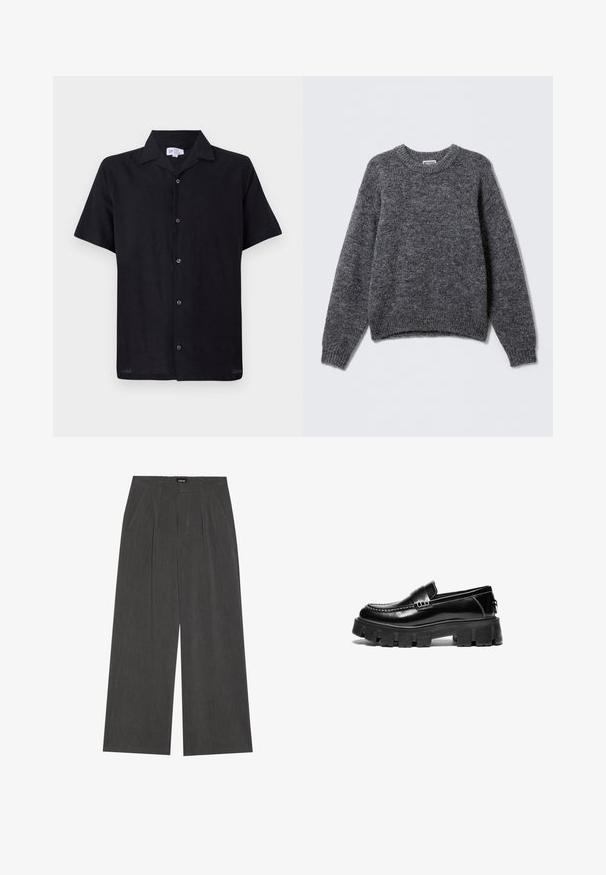 Grijs gebreid sweater met een ronde hals, lange mouwen en geribbelde manchetten en zoom. Zachte textuur met een subtiel gemêleerd patroon overal.; Zwarte korte mouw shirt van lichtgewicht stof. Heeft een kraag en een voor sluiting met vijf knopen in het midden.; Wijde broek in donkergrijs stof, met een geplooide voorkant, twee zijzakken en een vlakke tailleband. Glad oppervlak en gepaste ontwerpelementen.; Zwarte leren loafers met een robuuste rubberen zool, decoratieve band over de bovenkant en contrasterende witte stiksels. Gladde textuur met een ronde neus.