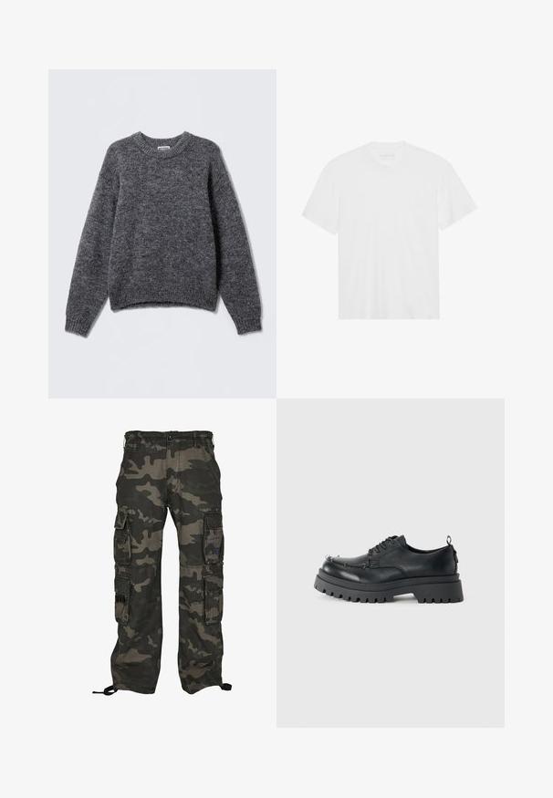 Siv svetro z pleteno strukturo, krojen v krogu, dolgi rokavi ter ribani manšeti in rob. Mehka tekstura z rahlo melirano vzorcem po celotni površini.; Bela bombažna majica s kratkimi rokavi, krožnim izrezom in ravnim robom. Gladka tekstura, minimalistična zasnova brez vzorcev ali okrasov.; Kamuflažne cargo hlače v temno zeleni in sivi barvi, ki imajo več stranskih žepov, gumbasto zapiranje in nastavljive vrvi na gležnjih.; Črne masivne usnjene čevlje na vezalko s debelim grobim podplatom in kovinskimi gromi na prednjem delu, fotografirane proti enostavni svetli podlagi.