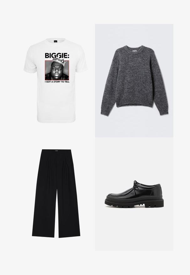Harmaa neulottu villapaita, jossa on pyöreä kaula-aukko, pitkät hihat sekä ribbireunat hihoissa ja helmassa. Pehmeä rakenne, jossa on hienovarainen, heather-tyylinen kuviointi kauttaaltaan.; Valkoinen puuvillainen t-paita, jossa on mustavalkoinen grafiikka miehestä kruunu päässään, ja alla rohkealla mustalla tekstillä "BIGGIE:" ja "I GOT A STORY TO TELL".; YOURTURN UNISEX - Housut - black; Mustat nahkakengät Derby-tyyliin, jossa on tyylikäs muotoilu, pyöreä kärki ja teksturoitu kumipohja, jossa on syviä uria pidon parantamiseksi.