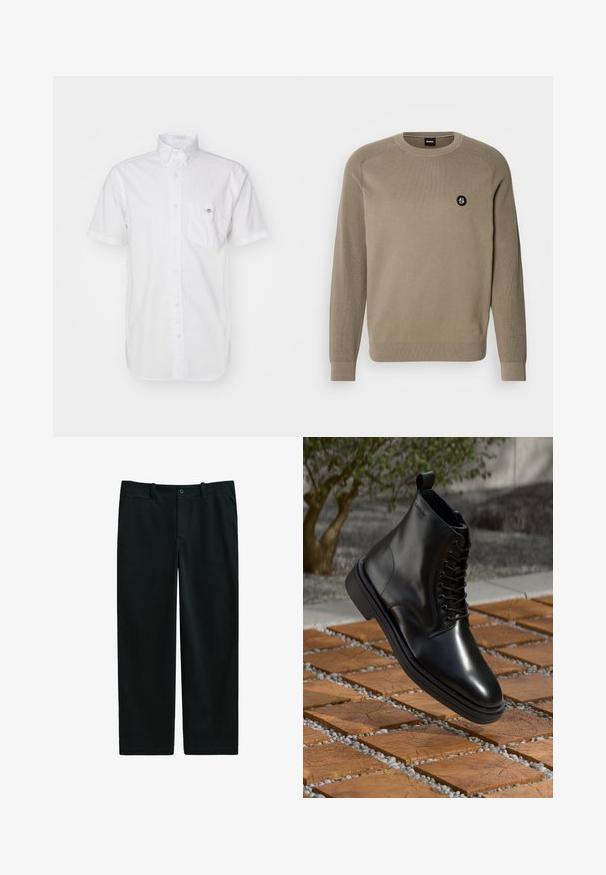Beżowy sweter o prążkowanej strukturze i okrągłym dekolcie. Posiada małe czarne logo na lewej piersi oraz prążkowane mankiety i dół.; Biała koszula zapinana na guziki z krótkim rękawem, wykonana z lekkiej bawełny, z kieszonką na piersi i subtelnym logo na kieszeni. Gładka tekstura.; Czarne spodnie wykonane z gładkiego materiału, o dopasowanym kroju, z zapięciem na guzik, szlufkami na pasek i kieszeniami bocznymi; prosty krój nogawek.; Czarne skórzane botki za kostkę o gładkim wykończeniu, z wiązaniem i podniesioną pętelką z tyłu, unoszące się nad wzorzystą drewnianą powierzchnią.