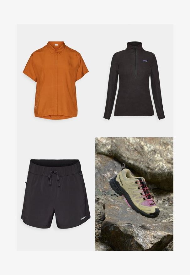 Black textured fleece pullover with long sleeves, a quarter-zip front, and a small logo patch on the left chest.; Short-sleeve orange shirt made of lightweight fabric, featuring a button front, collar, and a slightly rounded hemline.; Black swim shorts made from lightweight fabric, featuring an elastic waistband, drawstring, and side pockets for functionality.; Beige trail running shoe with pink accents, textured mesh walls, black rubber sole, and red lace system. Features a pull tab on the heel.