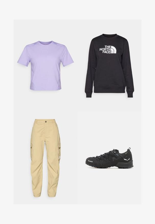 Svart hettegenser med rund hals, lange ermer, ribbestrikkede mansjetter og en hvit "The North Face"-logo sentrert på forsiden. Glatt tekstur.; Lilas kortermet treningstrøye med rund hals, glatt tekstur og subtile kontrasterende sømmer. Minimal logo på brystet.; The North Face EXPLORATION CARGO PANTS - Friluftsbukser - khaki stone; Sorte tursko med teksturert stoffoverdel, snøresystem og røff gummisåle. Utsmykket med reflekterende detaljer og logoer.