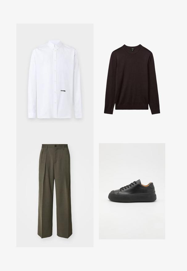 Reiss Jersey de punto - dark bordeaux; Camisa blanca de manga larga con botones, cuello clásico y una pequeña etiqueta negra "DSQUARED2" cerca de la parte inferior de la tapeta de botones.; Filippa K WIDE TROUSERS - Pantalones - driftwood; Zapatilla de cuero negra con puntera redonda, cordones en la parte frontal, textura suave, suela de goma gruesa y un interior marrón claro que contrasta.