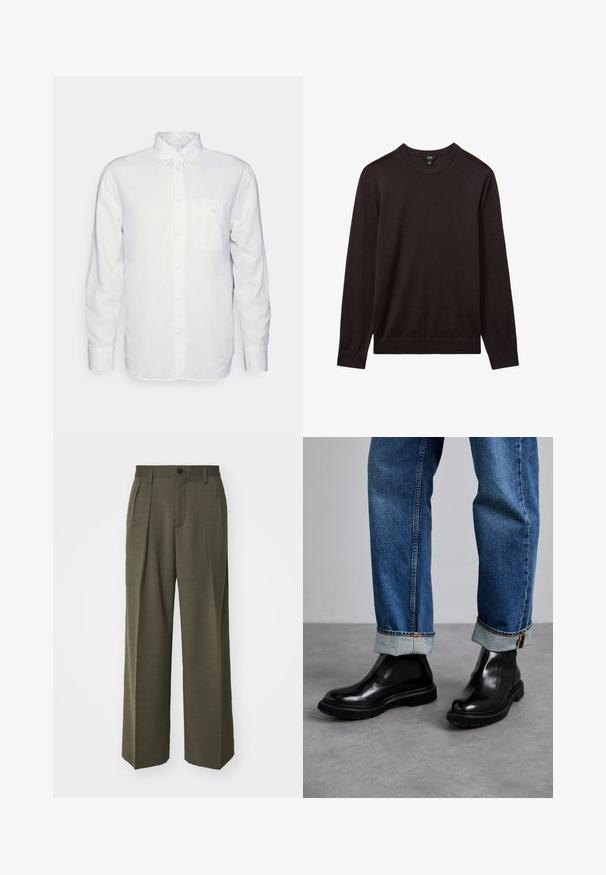 Reiss Striktrøje - dark bordeaux; Langærmet hvid skjorte lavet af bomuld, med en knap-down krave, brystlomme og almindelig pasform. Struktureret stof med en glat overflade.; Filippa K WIDE TROUSERS - Bukser - driftwood; Sorte læder ankelsko med elastiske sidestykker og strukturerede gummisåler, parret med opsmøgede blå denim jeans.