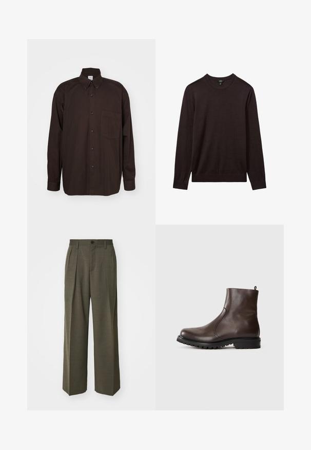 Reiss Striktrøje - dark bordeaux; Brun langærmet skjorte lavet af bomuld, med en knap-til-kant krave, sorte knapper og en lomme på venstre side.; Filippa K WIDE TROUSERS - Bukser - driftwood; Brun læder ankelstøvle med en glat tekstur, elastiske sidepaneler, trækflig bagpå og en robust gummisål.