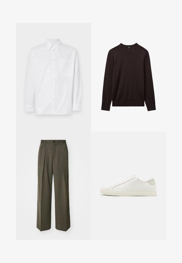 Reiss Džemperis - dark bordeaux; Baltas garām piedurknēm krekls, kas izgatavots no kokvilnas. Tam ir klasiskā apkakle, priekšējā pogu aizdare un viena krūšu kabata kreisajā pusē.; Filippa K WIDE TROUSERS - Auduma bikses - driftwood; Balti ādas sporta apavi ar gludu virsmu, noapaļotu purngala daļu un minimālistisku dizainu. Iezīmējas ar bežām akcentiem uz papēža un gumijas zoli.