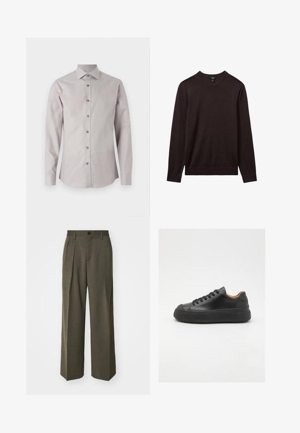Reiss Svetr - dark bordeaux; Světle šedá košile na knoflíky s klasickým límcem, dlouhými rukávy a odpovídajícími šedými knoflíky. Hladká tkanina a přiléhavý střih.; Filippa K WIDE TROUSERS - Kalhoty - driftwood; Černé kožené tenisky s kulatou špičkou, šněrováním v přední části, hladkým povrchem, silnou gumovou podrážkou a kontrastním tan interiérem.