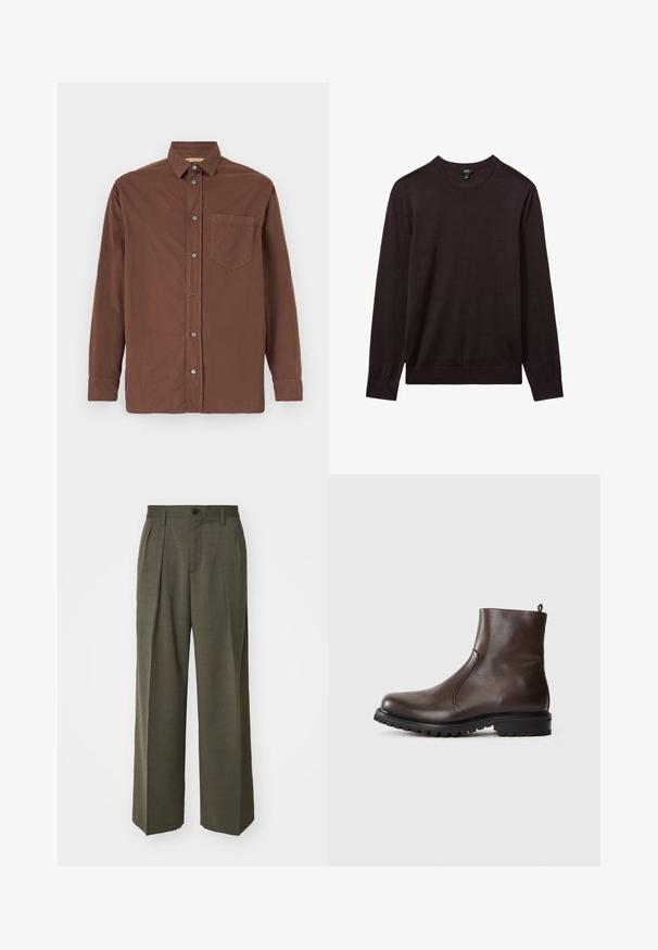 Reiss Pulover - dark bordeaux; Rjava srajca z gumbi, ovratnikom, dolgimi rokavi, enim žepom na prsih in sivimi gumbi, izdelana iz teksturirane tkanine.; Filippa K WIDE TROUSERS - Hlače - driftwood; Rjave usnjene gležnjarje z gladko teksturo, elastičnimi stranskimi paneli, zanko na hrbtni strani in trdno gumijasto podplatom.