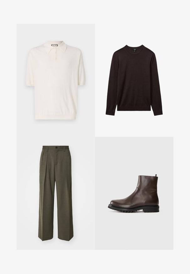 Reiss Pulover - dark bordeaux; Polo cu mânecă scurtă în crem, cu guler clasic, plachetă cu patru butoane și tiv ribat. Fabricat dintr-un material moale și ușor.; Filippa K WIDE TROUSERS - Pantaloni - driftwood; Botină din piele maro, cu o textură netedă, panouri elastice pe laterale, buclă în partea din spate și talpă din cauciuc robustă.