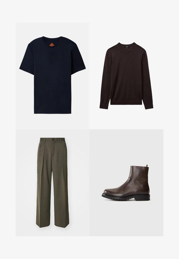 Reiss Svetrík - dark bordeaux; Námorníckom modré bavlnené tričko s krátkymi rukávmi, s okrúhlym výstrihom a embosovaným logom na hrudi. Hladká textúra, voľný strih.; Filippa K WIDE TROUSERS - Nohavice - driftwood; Hnedé kožené členkové topánky s hladkým povrchom, elastickými bočnými panelmi, pŕhľavým pútkom vzadu a robustnou gumovou podrážkou.