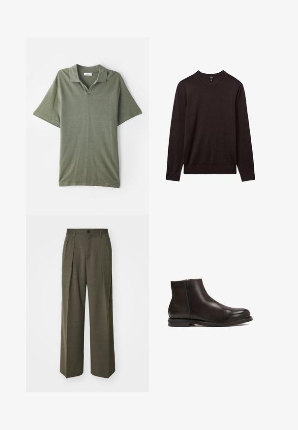 Reiss Vesta - dark bordeaux; Maslinasto zelena polo majica kratkih rukava s ovratnikom i teksturiranim materijalom. Ima V-izrez i opušteni kroj.; Filippa K WIDE TROUSERS - Hlače - driftwood; Crna kožna čizma do gležnja s glatkom teksturom, zaobljenim vrhom i malim potplatom. Ima bočni zip za jednostavno obuvanje.