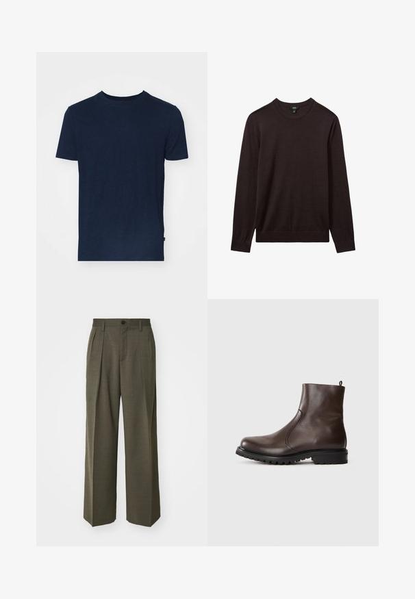 Reiss Pulover - dark bordeaux; T-maica temno modre barve iz mehke tkanine, z okroglo izreza in kratkimi rokavi, sproščenega kroja, brez vidnih vzorcev ali okraskov.; Filippa K WIDE TROUSERS - Hlače - driftwood; Rjave usnjene gležnjarje z gladko teksturo, elastičnimi stranskimi paneli, zanko na hrbtni strani in trdno gumijasto podplatom.