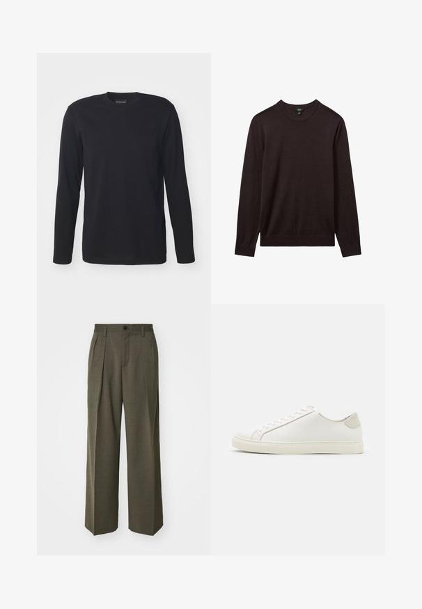 Reiss - Sweter; Czarna koszulka z długim rękawem wykonana z bawełny. Posiada okrągły dekolt oraz wytłoczoną detal logo z przodu. Gładka faktura, regularny krój.; Filippa K - Spodnie materiałowe; Białe skórzane sneakersy o gładkiej powierzchni, okrągłym nosku i minimalistycznym wzornictwie. Zawierają beżowe akcenty na pięcie oraz gumową podeszwę.