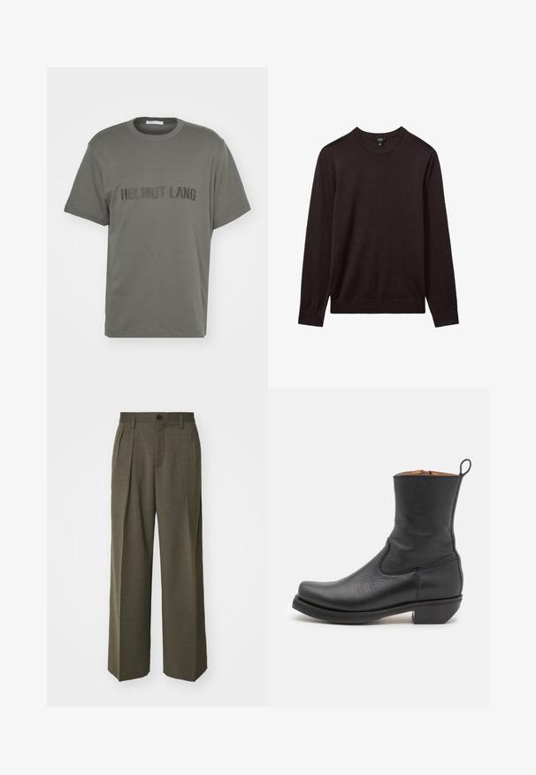 Reiss Džemperis - dark bordeaux; Alyvuogių spalvos medvilnės marškinėliai su apvaliu kaklu, trumpomis rankovėmis ir iškilniu užrašu "HELMUT LANG" priekyje. Sklandus paviršius, laisvas siluetas.; Filippa K WIDE TROUSERS - Kelnės - driftwood; Juodas odinis kulkšninis botas su lygiu paviršiumi, siauru profiliu, šoninėmis siūlėmis ir žemu kvadratiniu kulnu. Yra užvilkimo kilpelė nugarinėje dalyje.