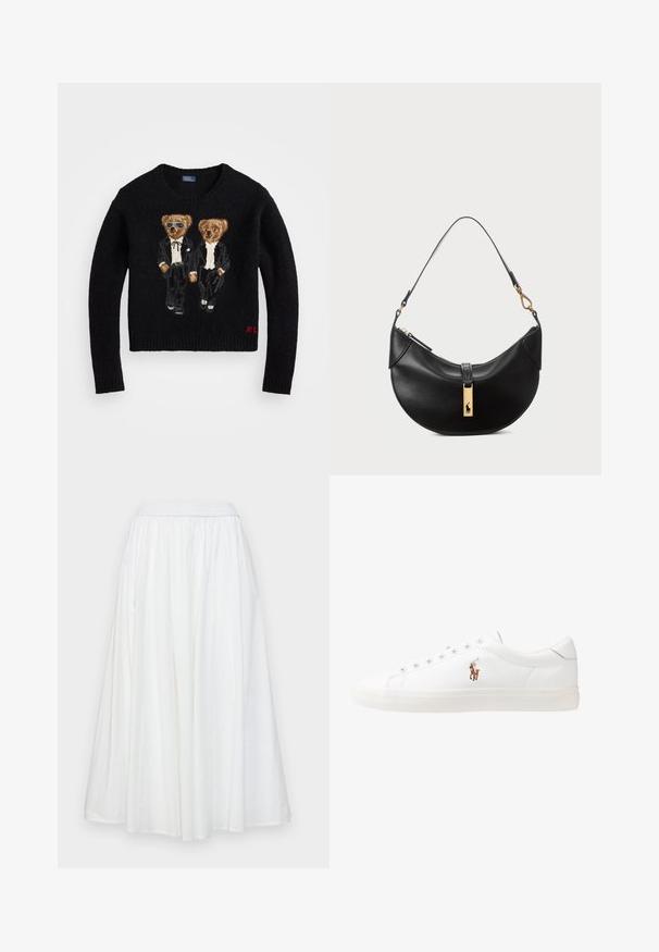 Zwarte gebreide trui met twee geborduurde beren in zwarte smokings, één met zonnebril, en rode 'RL' initialen op de zoom.; Witte, knielange rok van lichtgewicht stof. Heeft een elastische tailleband en gladde, vloeiende plooien voor eenvoudige beweging.; Witte leren sneakers, laag model, met een gladde textuur, ronde neus, vetersluiting aan de voorkant en een klein geborduurd logo aan de zijkant.; Zwarte leren handtas in een halve maanvorm. Voorzien van een gouden hardware accent en een smalle schouderband. Soepele textuur, ritssluiting aan de bovenkant.