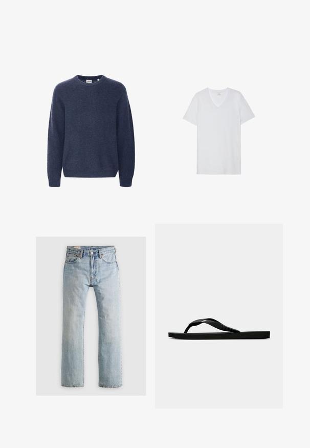 Granatowy sweter z dzianiny z okrągłym dekoltem, długimi rękawami i prążkowaną fakturą. Wykonany z miękkiego, przyjemnego w dotyku materiału.; Biała koszulka z krótkim rękawem o dekolcie w serek, gładka tekstura, lekki materiał i dyskretne logo blisko kołnierza.; Jasnoniebieskie dżinsy z prostymi nogawkami, pięcioma kieszeniami i kontrastowymi szwami. Posiadają zamek błyskawiczny i metalowy guzik.; Czarne gumowe klapki z teksturowanym paskiem i prostą płaską podeszwą, przedstawione z boku na jasnym jednolitym tle.