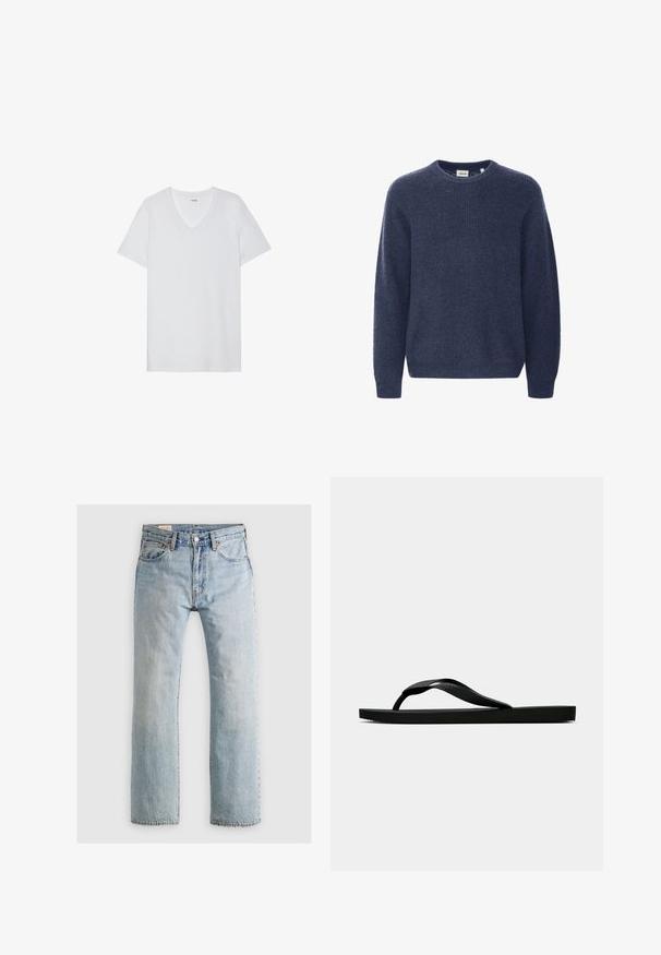 Pull en tricot bleu marine avec un col rond, des manches longues et une texture côtelée. Fabriqué à partir d'un tissu doux et confortable.; T-shirt blanc à manches courtes avec un col en V, texture lisse, tissu léger et logo discret près du col.; Jean en denim bleu clair avec une coupe droite, design à cinq poches et surpiqûres contrastantes. Comprend une fermeture éclair et un bouton métallique.; Tong sandale en caoutchouc noir avec une bride en T texturée et une semelle plate simple, montrée de côté sur un fond clair.
