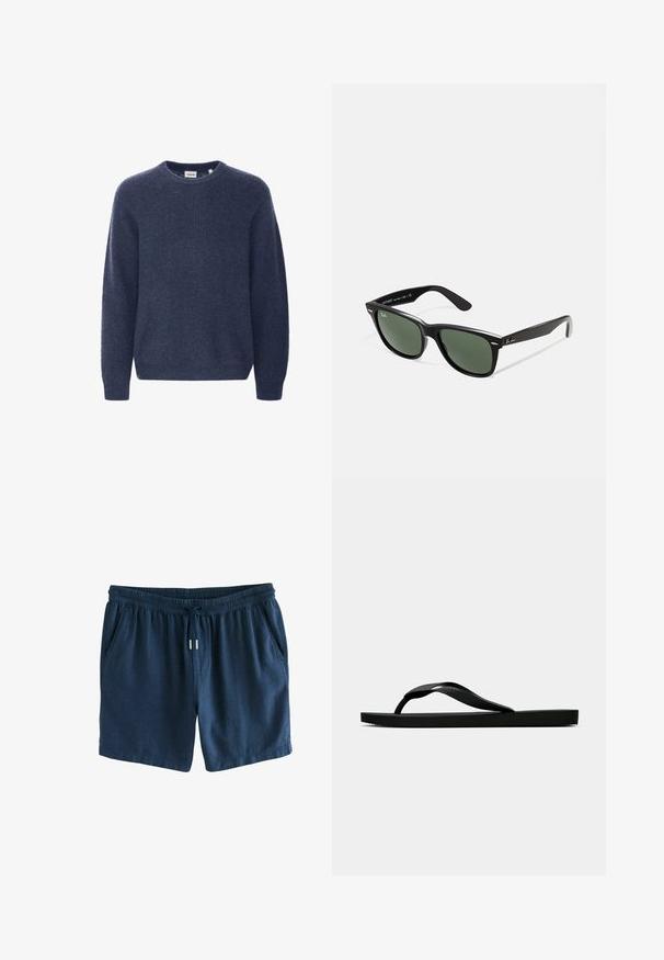 Marinblauer Strickpullover mit rundem Halsausschnitt, langen Ärmeln und geripptem Muster. Hergestellt aus weichem, gemütlichem Material.; Marineblaue Shorts aus leichtem Stoff. Ausgestattet mit einem elastischen Bund und einem Kordelzug sowie zwei seitlichen Taschen. Einfaches Design.; Schwarze Gummi-Flip-Flop-Sandale mit einem strukturierten Riemen und einfacher flacher Sohle, von der Seite auf einem schlichten hellen Hintergrund dargestellt.; Schwarze Plastiksonnenbrille mit grünen Gläsern, quadratischen Rahmen, silbernem Akzent auf der Augenbraue und strukturierten Bügeln. Angegebene Marke auf dem inneren Bügel.