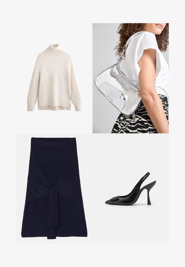 Cream turtleneck sweater, ribbed collar and cuffs, soft knit texture, relaxed fit, side slits, and slightly longer back hem.; Navy blue wrap skirt made from soft, stretchable fabric with a knotted design at the front, featuring a smooth texture and tailored edges.; Black leather slingback shoe with a pointed toe, slim high heel, and a decorative bow accent. Smooth texture and sleek design.; Silver metallic shoulder bag with a smooth texture, curved design, chain strap, and a polished front panel featuring a subtle logo engraving.; Silver earrings with a flowing, spiral design. Smooth texture with a polished finish. Features a subtle sheen and no visible embellishments.