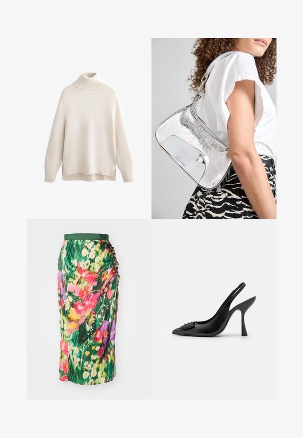 Kremowy sweter z golfem, ryflowany kołnierz i mankiety, miękka dzianina, luźny krój, rozcięcia po bokach oraz nieco dłuższy tylny brzeg.; Spódnica midi w kwiaty z zielonym paskiem w talii, plisowanymi detalami i kolorowym wzorem kwiatów z różowymi, fioletowymi i żółtymi akcentami.; Czółenka na obcasie z czarnej skóry z odkrytym piętą, o ostrym nosku, smukłym wysokim obcasie i dekoracyjną kokardą. Gładka tekstura i elegancki design.; Srebrna, metaliczna torebka na ramię o gładkiej fakturze, zakrzywionym kształcie, łańcuszkowym pasku oraz wypolerowanej przedniej części z delikatnym grawerem logo.; Srebrne kolczyki o płynnych, spiralnych wzorach. Gładka faktura z polerowanym wykończeniem. Posiadają subtelną poświatę i brak widocznych ozdób.