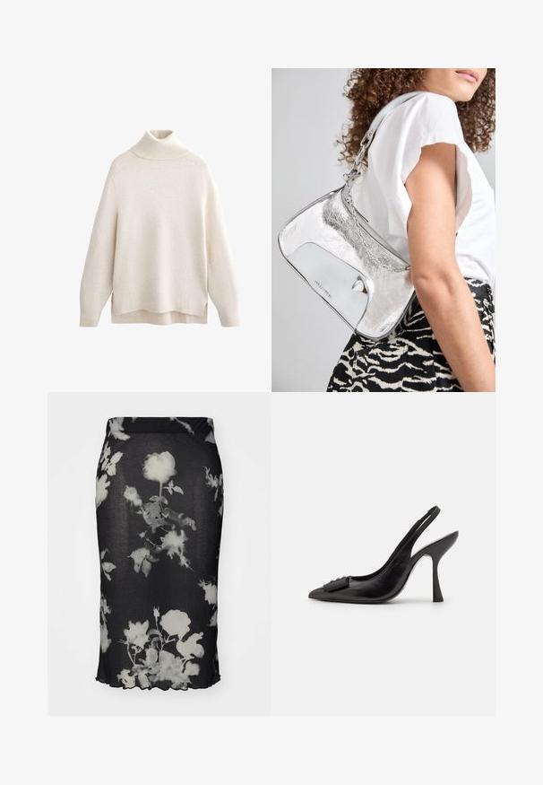 Krémový rolák s rebrovaným golierom a manžetami, mäkká pletená textúra, uvoľnený strih, postranné rozparky a mierne dlhší zadný lem.; Čierna rebrovaná sukňa s bielou kvetinovou potlačou, s priliehavým strihom a vlnitým lemom. Materiál vyzerá elasticky a ľahko.; Čierne kožené šľapky so špicatou špičkou, úzkym vysokým opätkom a dekoratívnou mašľou. Hladká textura a elegantný dizajn.; Strieborná metalická kabelka na rameno s hladkou textúrou, zakriveným dizajnom, retiazkou na nosenie a lesklým predným panelom s jemnou gravírovanou logom.; Strieborné náušnice s plynulým, špirálovým dizajnom. Hladký povrch s lešteným finišom. Majú jemný lesk a žiadne viditeľné ozdoby.