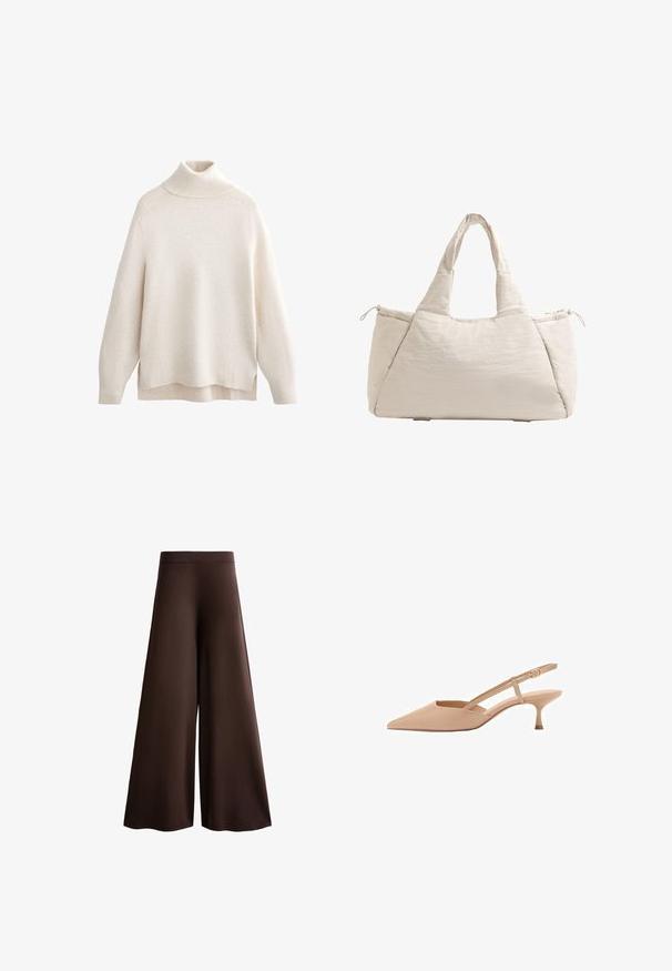 Krémový svetr s rolákem, hřebíkový límec a manžety, měkká pletená textura, volný střih, boční rozparky a mírně prodloužený zadní lem.; Hnědé kalhoty s širokými nohavicemi vyrobené z měkké látky, s vysokým pasem, jemnou texturou a plynulým siluetou bez viditelných zapínání nebo ozdob.; Lodičky v tělové barvě s špičatou špičkou a nízkým podpatkem ve tvaru kočičího paty, vyrobené z lesklého materiálu, se štíhlým páskem s nastavitelnou sponou.; Béžová prošívaná taška přes rameno s dvěma rukojeťmi, zaoblený tvar, texturovaná látka a boční kapsa na šňůrku. Hladký povrch, minimalistický design.