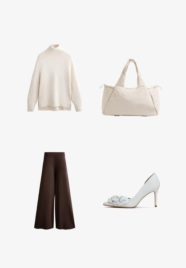 Kremowy sweter z golfem, ryflowany kołnierz i mankiety, miękka dzianina, luźny krój, rozcięcia po bokach oraz nieco dłuższy tylny brzeg.; Brązowe szerokie spodnie wykonane z miękkiej tkaniny, z wysokim stanem, subtelną teksturą oraz płynną sylwetką bez widocznych zapięć czy ozdób.; Białe skórzane szpilki z wydłużonym noskiem i warstwowym detalem w postaci aplikacji kwiatowych z przodu, z eleganckim obcasem typu stiletto.; Beżowa pikowana torba na ramię z dwoma uchwytami, zaokrąglonym kształtem, teksturowanym materiałem i boczną kieszenią ze sznurkiem. Gładkie wykończenie, minimalistyczny design.
