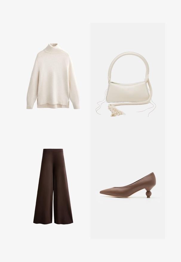 Cream turtleneck sweater, ribbed collar and cuffs, soft knit texture, relaxed fit, side slits, and slightly longer back hem.; Brown wide-leg trousers made of soft fabric, featuring a high waist, subtle texture, and a fluid silhouette with no visible closures or embellishments.; Brown leather pointed-toe pump with a unique rounded ball heel. Smooth texture, sleek design, and minimalistic detailing.; Cream-colored handbag with a rounded handle, zipper closure, and tassel detail. Features smooth leather texture and contrasting fabric trim.
