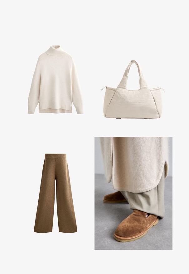 Maglione a collo alto crema, con colletto e polsini a costine, morbido al tatto, vestibilità rilassata, fessure laterali e orlo posteriore leggermente più lungo.; Pantaloni in maglia a gamba larga marroni con una vita a coste, tessuto testurizzato e cuciture laterali che si estendono fino all'orlo, offrendo una vestibilità rilassata.; Scarpe slip-on in suede marrone con punta tonda, suola in gomma e dettagli a taglio laterale, abbinate a pantaloni beige chiaro su misura.; Borsa a tote beige trapuntata con due manici, forma arrotondata, tessuto testurizzato e tasca laterale con coulisse. Finitura liscia, design minimale.