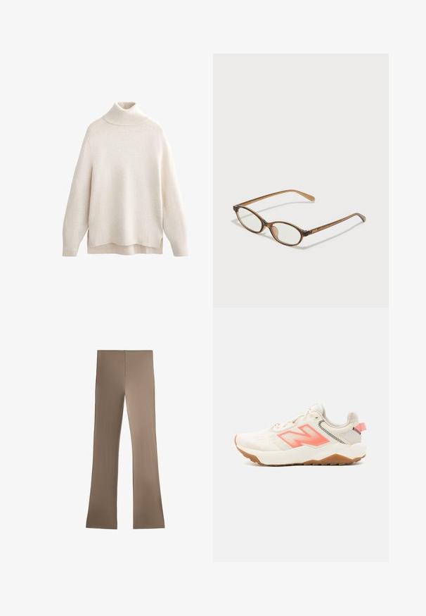 Crème col opstaande trui, geribbelde kraag en manchetten, zachte brei textuur, ontspannen pasvorm, zijslitsen en een iets langer achterkant.; Bruine, geribbelde wijde broek met een gladde textuur en een aansluitende tailleband. Naadloos ontwerp zonder zichtbare hardware of versieringen.; Beige sportartikel met een gestructureerde bovenkant, roze accenten en een lichte gumzool. Heeft een opvallend 'N' logo en een gevoerde, lichte uitstraling.; Bruine schildpadbril met ovale lenzen, dunne armen en transparante accenten. Heeft een subtiele logo op de tempel. Strak, lichtgewicht ontwerp.