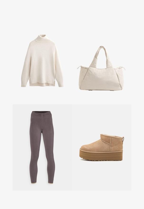 Krémový svetr s rolákem, hřebíkový límec a manžety, měkká pletená textura, volný střih, boční rozparky a mírně prodloužený zadní lem.; Yogasearcher CHENDA SEAMLESS LEGGING - Punčochy - lavastone; Béžové semišové kotníkové boty s plyšovým interiérem, které mají platformovou podrážku a poutko na zadní straně pro snadné obutí. Texturovaná gumová podrážka.; Béžová prošívaná taška přes rameno s dvěma rukojeťmi, zaoblený tvar, texturovaná látka a boční kapsa na šňůrku. Hladký povrch, minimalistický design.