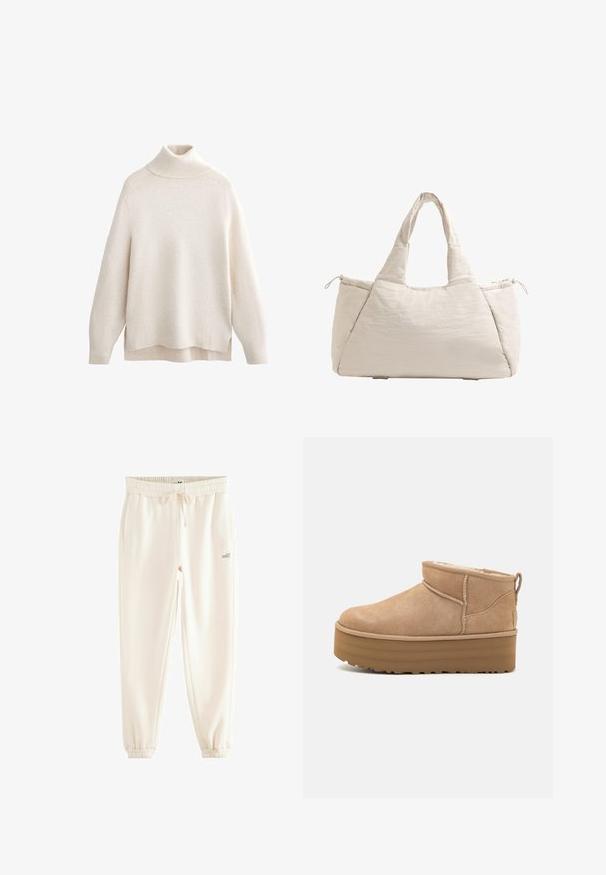Krem pulover s visokim ovratnikom, rebrasti ovratnik i manžetne, meka pletenina, opušteni kroj, bočni prorezi i nešto duži stražnji rub.; Krem boje trenerke izrađene od mekog materijala, sa elastikom u struku, vezicom, bočnim džepovima i rebrastim manžetama. Otisnut "self." logo.; Bež nubuk gležnjače s udobnom unutrašnjošću, s platformom i trakom na stražnjem dijelu za lako oblačenje. Teksturirana guma potplat.; Bež torba s ušicom od tkanine sa prošivanjem, zaobljenog oblika, s teksturiranom tkaninom i bočnom džepom na vezicu. Glatka završna obrada, minimalistički dizajn.