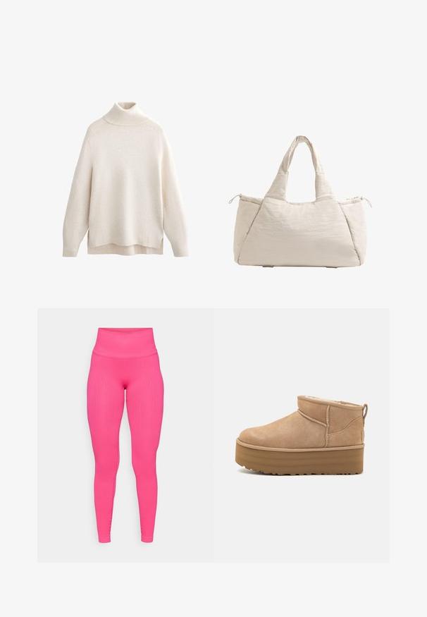 Krema turtleneck pulover, rebrast ovratnik in manšete, mehak pleten material, sproščen kroj, stranske razpoke in rahlo daljša zadnja obleka.; Rožnate legice z žametenm vzorcem in visokim pasom, ki nudijo tesen oprijem in gladko teksturo. Oblika poudarja eleganten silhuet.; Bež zamatne gležnjarje s puhastim notranjim delom, ki imajo platformo in zanka na hrbtni strani za enostavno obuvanje. Teksturiran gumen podplat.; Bežna kvačena torba s dvema ročajema, zaobljena oblika, teksturirana tkanina in žep na vrvico na strani. Gladka površina, minimalisticni dizajn.