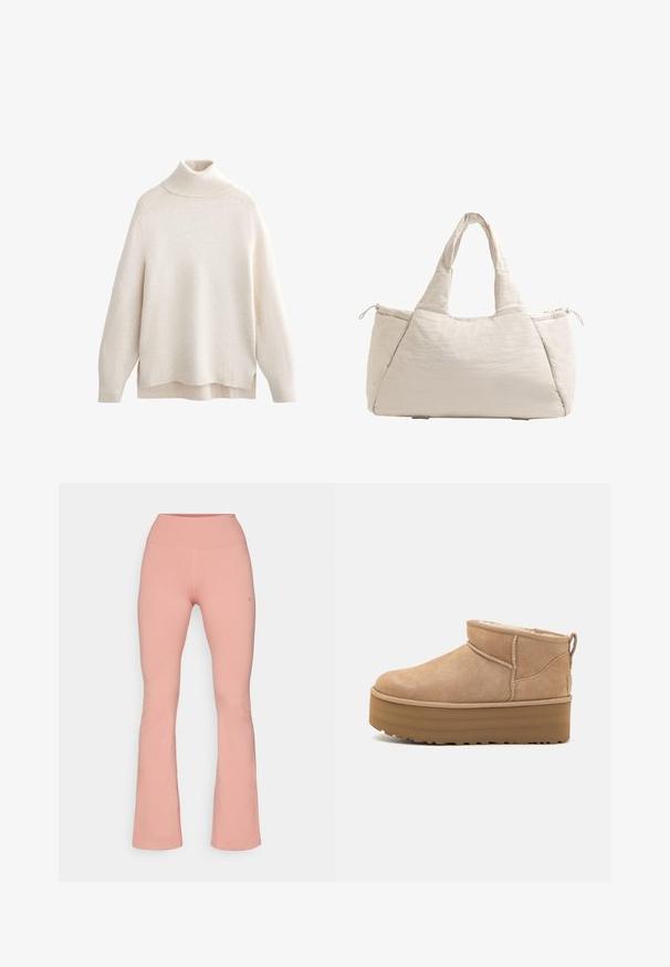 Krémový svetr s rolákem, hřebíkový límec a manžety, měkká pletená textura, volný střih, boční rozparky a mírně prodloužený zadní lem.; Rozšířené cvičební kalhoty v jemně růžové látce, s vysokým pasem a hladkou texturou, s minimálním šitím a detailem loga na boku.; Béžové semišové kotníkové boty s plyšovým interiérem, které mají platformovou podrážku a poutko na zadní straně pro snadné obutí. Texturovaná gumová podrážka.; Béžová prošívaná taška přes rameno s dvěma rukojeťmi, zaoblený tvar, texturovaná látka a boční kapsa na šňůrku. Hladký povrch, minimalistický design.