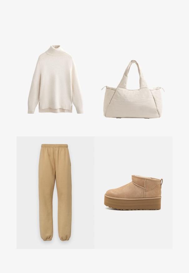 Cremefarvet rullekravesweater med ribbet krave og manchetter, blød strikstruktur, afslappet pasform, sidesløft og en lidt længere bagkant.; Beige sweatpants lavet af blødt stof, med elastisk talje og manchetter, samt sidesøm og et lille logo på venstre lår.; Beige ruskinds ankelstøvler med et blødt indre, der har en platformssål og en strop bagpå for nem påtagning. Tekstureret gummisål.; Beige quiltet tote taske med to håndtag, rund form, tekstureret stof og en snørelomme på siden. Glat overflade, minimalistisk design.