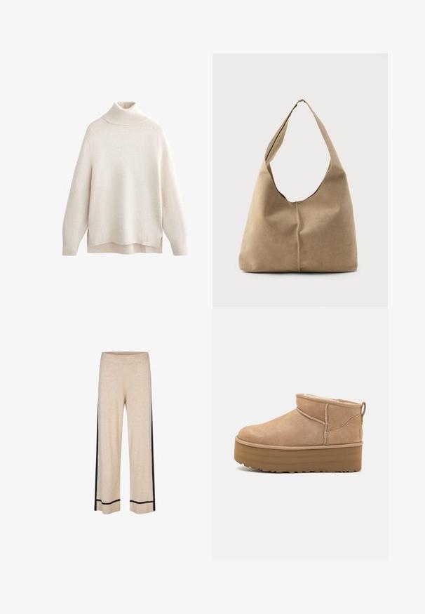 Crème col opstaande trui, geribbelde kraag en manchetten, zachte brei textuur, ontspannen pasvorm, zijslitsen en een iets langer achterkant.; Beige cropped broek met een elastische tailleband, voorzien van zwarte zijstrepen en zwarte afwerking aan de zoom. Zachte, gestructureerde stof.; Beige suède enkellaarsjes met een pluche binnenvoering, voorzien van een plateauzool en een trekhaak aan de achterkant voor gemakkelijk aantrekken. Gemêleerde rubberen zool.; Hobo tas in zacht beige suede met een slungelige vorm, brede schouderband en een handgestikte naad langs de voorkant.