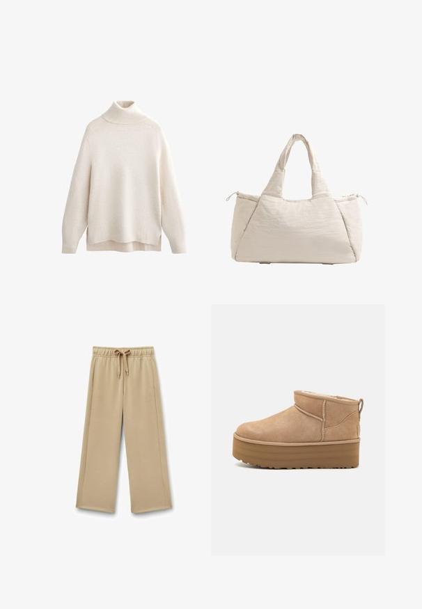 Cremfarbener Rollkragenpullover mit geripptem Kragen und Bündchen, weichem Stricktextur, lässiger Passform, seitlichen Schlitzen und leicht verlängertem Rücken.; Beige weite Sweathosen mit einem elastischen Bund, verstellbarem Kordelzug und Seitentaschen; weicher Stoff mit glatter Textur.; Beige Wildleder-Ankle Boots mit einem weichen Innenfutter, ausgestattet mit einer Plateausohle und einer Zuglasche hinten für einen einfachen Einstieg. Strukturiertes Gummiprofil.; Beige gesteppte Tragetasche mit zwei Griffen, runder Form, strukturiertem Stoff und einer seitlichen Kordelzugtasche. Glatte Oberfläche, minimalistisches Design.