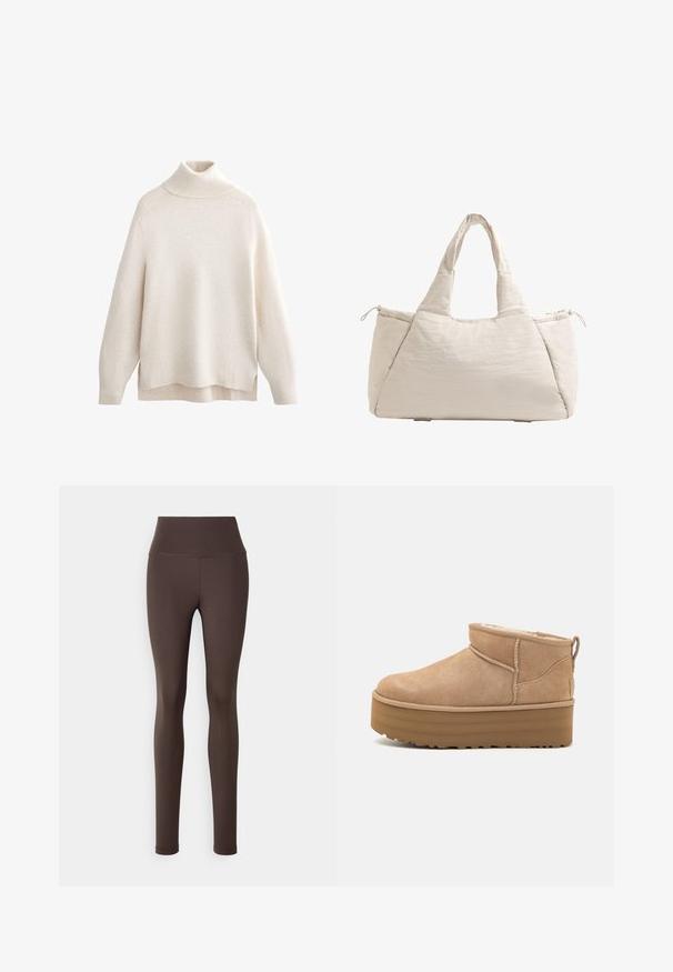 Maglione a collo alto crema, con colletto e polsini a costine, morbido al tatto, vestibilità rilassata, fessure laterali e orlo posteriore leggermente più lungo.; Leggings marroni a vita alta realizzati in tessuto elasticizzato, caratterizzati da una texture liscia e una silhouette aderente, senza motivi visibili o metalleria.; Stivaletti alla caviglia in suede beige con un interno morbido, dotati di suola platform e di una linguetta sul retro per una facile indossabilità. Suola in gomma texturizzata.; Borsa a tote beige trapuntata con due manici, forma arrotondata, tessuto testurizzato e tasca laterale con coulisse. Finitura liscia, design minimale.