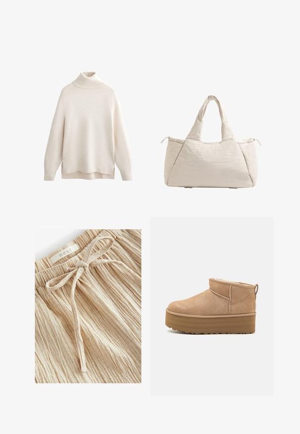 Crème col opstaande trui, geribbelde kraag en manchetten, zachte brei textuur, ontspannen pasvorm, zijslitsen en een iets langer achterkant.; Beige textuurlijke shorts met een gather tailleband en een strikdetail aan de voorkant, gemaakt van een lichtgewicht stof met fijne verticale lijnen.; Beige suède enkellaarsjes met een pluche binnenvoering, voorzien van een plateauzool en een trekhaak aan de achterkant voor gemakkelijk aantrekken. Gemêleerde rubberen zool.; Beige gevoerde schoudertas met twee handvatten, ronde vorm, textuurstof en een trekkoord zijvak. Gladde afwerking, minimalistisch ontwerp.