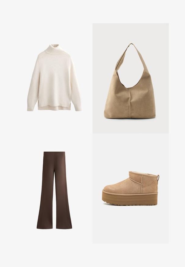 Krämskjorta med hög krage, ribbad krage och manschetter, mjuk stickad textur, avslappnad passform, sidofickor och något längre bakham.; Bruna vida byxor i slät tyg, med sidosömmar och avslappnad passform, samt utsvängt slut för en flödande silhuett.; Beiga mockaskängor till anklarna med en mjuk inredning, med en plattformssula och en dragsko baktill för enkel påtagning. Mönstrad gummisula.; Hobo-väska i mjuk beige mocka med en avslappnad form, bred axelrem och handsydd sömdetalj längs framsidan.