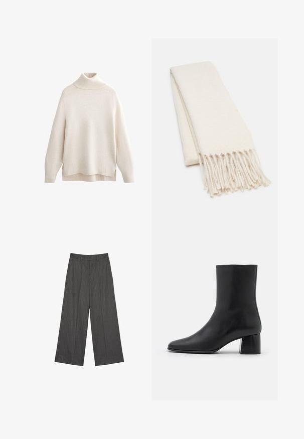 Cremfarbener Rollkragenpullover mit geripptem Kragen und Bündchen, weichem Stricktextur, lässiger Passform, seitlichen Schlitzen und leicht verlängertem Rücken.; Helle-Hosen aus dunkelgrauem Stoff mit vertikalen Nadelstreifen, flachem Bund und zwei Seitentaschen. Glatte Textur und taillierte Passform.; Schwarze Leder-Ankle-Boots mit spitzer Zehenpartie und einem klobigen, quadratischen Absatz. Glatte Textur mit nahtlosem Design und minimalistischem Nähen.; Weißer Schal mit einem strukturierten Muster, das Fransenenden aufweist. Das Material scheint weich und leicht zu sein, ordentlich gefaltet zur Präsentation.; Schwarze Einkaufstasche aus strukturiertem Material, mit zwei langen Tragegriffen und einem einfachen, minimalistischen Design ohne sichtbare Beschläge.