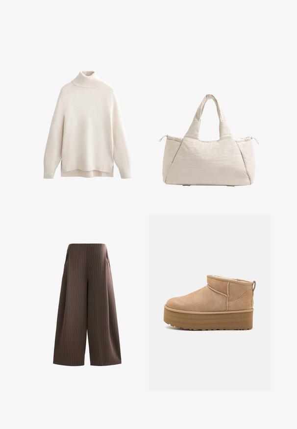 Krem pulover s visokim ovratnikom, rebrasti ovratnik i manžetne, meka pletenina, opušteni kroj, bočni prorezi i nešto duži stražnji rub.; Smeđe široke hlače sa vertikalnim bijelim prugama, s bočnim džepovima i glatkom teksturom. Ravni pojas bez vidljivih kopči.; Bež nubuk gležnjače s udobnom unutrašnjošću, s platformom i trakom na stražnjem dijelu za lako oblačenje. Teksturirana guma potplat.; Bež torba s ušicom od tkanine sa prošivanjem, zaobljenog oblika, s teksturiranom tkaninom i bočnom džepom na vezicu. Glatka završna obrada, minimalistički dizajn.