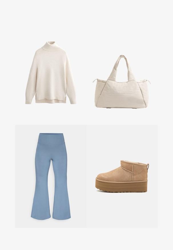 Pull en col roulé crème, avec un col et des poignets côtelés, texture tricotée douce, coupe décontractée, fentes sur les côtés et ourlet arrière légèrement plus long.; Pantalons de yoga évasés en bleu clair, fabriqués en tissu extensible. Taille haute et texture lisse, se rétrécissant vers des ourlets plus larges au niveau des chevilles.; Bottines en suede beige avec un intérieur moelleux, dotées d'une semelle compensée et d'une languette à l'arrière pour un enfilage facile. Semelle extérieure en caoutchouc texturé.; Sac fourre-tout en beige matelassé avec deux poignées, forme arrondie, tissu texturé et poche latérale à cordon de serrage. Fini lisse, design minimaliste.