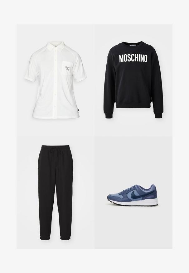 Zwarte sweatshirt gemaakt van zachte stof met een ronde halslijn en geribbelde manchetten. Prominente witte "MOSCHINO" logo over de voorkant.; Witte polo met korte mouwen, voorzien van een knoopsluiting, textuurstof en een borstzak aan de linkerkant met zwarte geborduurde tekst.; Zwarte joggingsbroeken van een gestructureerde stof, met een elastische tailleband met een trekkoord en taps toelopende pijpen.; Blauwe sportieve schoen met een mix van lichte en donkere tinten, synthetisch bovenwerk, gestructureerde neus, gevoerd kraag en duurzame rubberen buitenzool.