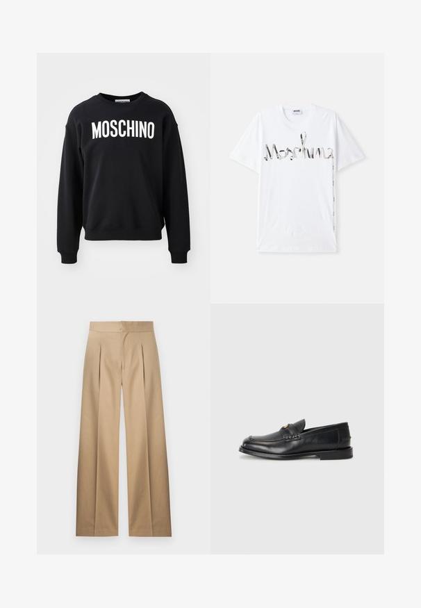 Black sweatshirt made from soft fabric featuring a round neckline and ribbed cuffs. Prominent white "MOSCHINO" logo across the front.; White cotton t-shirt featuring a graphic logo in black and silver resembling a ribbon. Short sleeves and a crew neck design.; Beige wide-leg trousers with pleated front, tailored design, and smooth cotton fabric. Features a flat waistband and no visible fastenings.; Black leather loafers feature a rounded toe, stitched detailing, and a small gold accent on the front. The sole is flat and discreet.