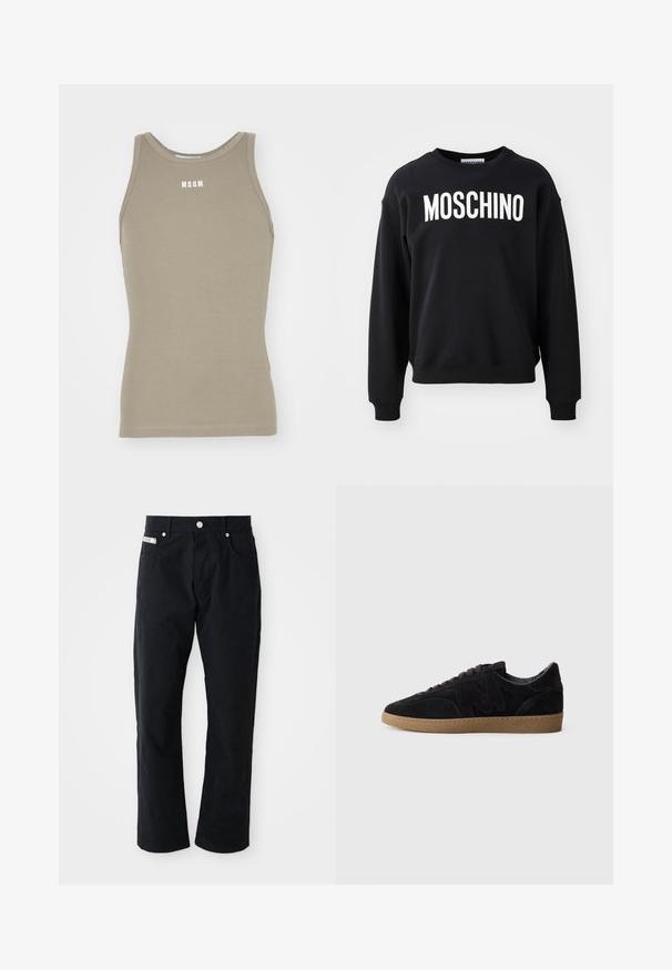 Czarny sweatshirt wykonany z miękkiego materiału, z okrągłym dekoltem i ribbowymi mankietami. Wyraźne białe logo "MOSCHINO" na przodzie.; Khaki top na ramiączkach typu racerback wykonany z elastycznej bawełny o ryflowanej strukturze; na obszarze klatki piersiowej znajduje się białe logo "MSGM".; Czarne bawełniane spodnie z prostymi nogawkami, pięcioma kieszeniami, srebrnymi detalami i subtelnym, teksturowanym wykończeniem.; Czarne zamszowe sneakersy o teksturowanym wykończeniu, z charakterystycznym zakrzywionym logo, szarymi sznurówkami i jasnobrązową gumową podeszwą.