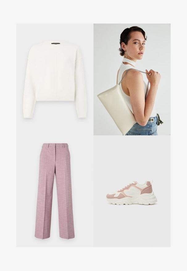 Apgriezts balts džemperis no mīksta auduma ar apaļu kaklu, ar slīpām plecu šuvēm un vertikālu šuvju detaļu priekšpusē.; Platmalas bikses no teksturēta gaiši rozā auduma ar plakanu priekšpusi, smalkiem krokām un klasisku jostas dizainu.; Masīvas sporta kedas rozā un baltā krāsā; satur sieta un zamšādas paneļus, dekoratīvas šuvēs un biezu gumijas zoli ar teksturētu profilēšanu.; Balts taisnstūra clutch soma, izgatavota no spīdīga materiāla, ar sudraba ķēdes siksnu. Modelis pozē, demonstrējot somu uz vienkārša fona.